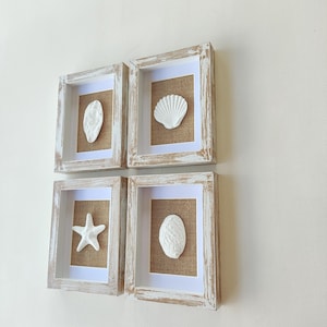 Puede incluir: Cuatro piezas de arte mural enmarcadas con marcos de madera blanca envejecida. Cada marco contiene una concha o estrella de mar blanca sobre un fondo de arpillera, sobre un passe-partout blanco. Los marcos están montados en una pared blanca.