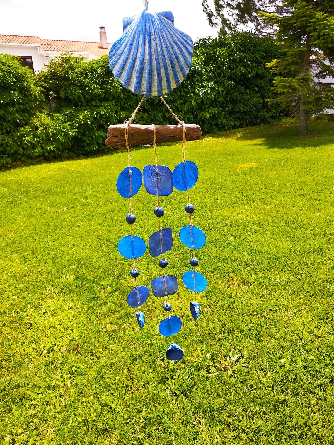 SOFPLATE Seeglas Windspiel - Blaue Capiz Muscheln 21,6 Zoll Für Garten Deko