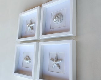 White paintings with embossed sea shells, framed coastal wall art, rustic beach house decor, original plaster art