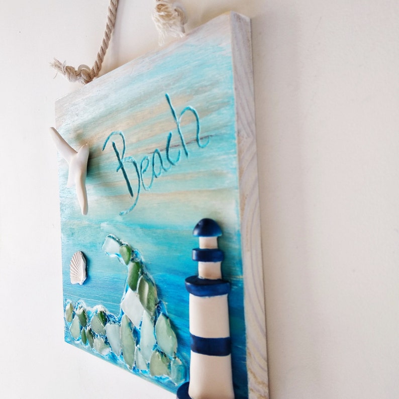 Nautical wooden picture with lighthouse and seagull, decorative beach sign, oceanic art with sea glass, coastal wall decor, gift for home image 9
