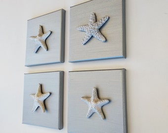 Silver color starfish wall art, set of 3d canvas artwork, sparkly bathroom decor