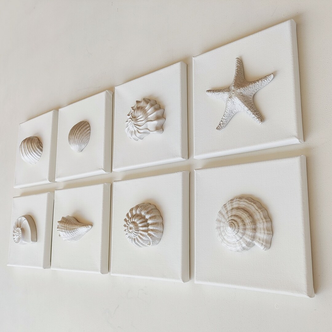 Custom Order of White Sea Shell Canvas Wall Art, Set of 8 Coastal