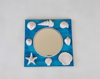 Handmade nautical sea shell wall mirror in white and turquoise, coastal beach house decor, seashell wall art