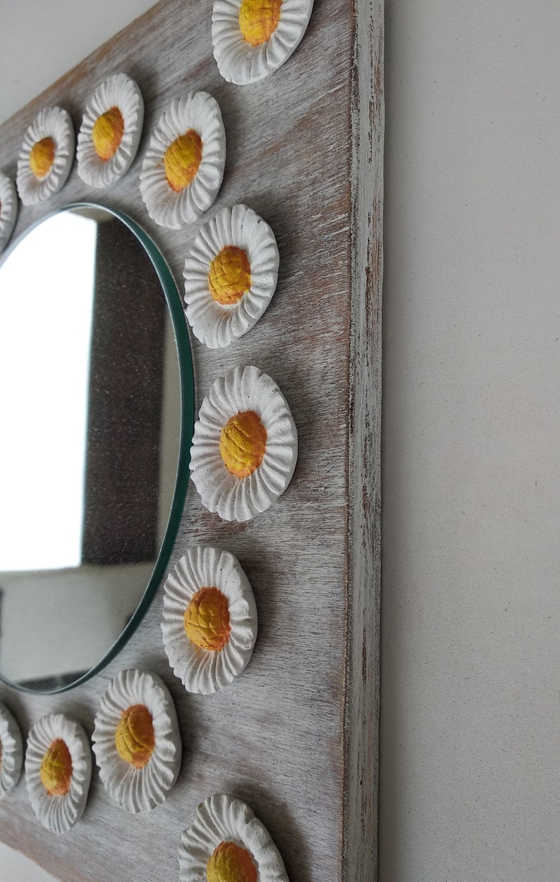 White distressed wooden wall mirror flower wall art Etsy