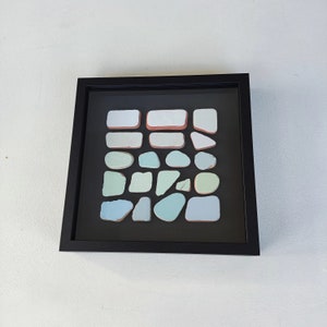 Framed sea pebbles painting, blue green and white ceramic shards wall art, unique coastal beach house decor, gift for sea lovers