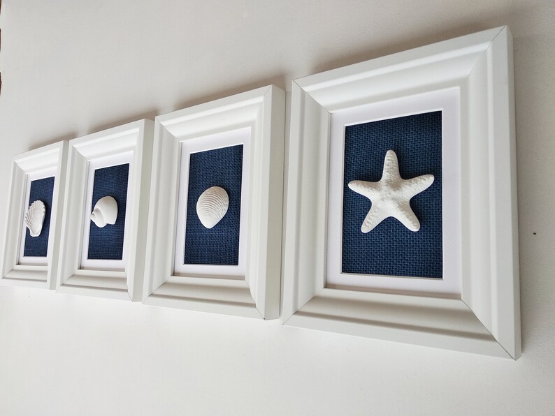 Navy Blue Beach Wall Art Framed Original Seashell Paintings Etsy