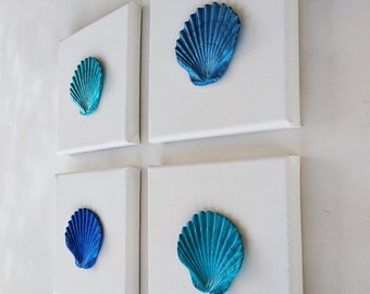 Set of 4 nautical bathroom paintings, original plaster art on canvas, 3d seashell wall art for beach house, coastal home gift , shell decor