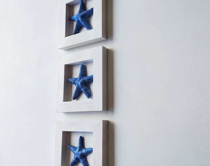 Set of 3 White Wood Wall Frames With Blue Starfish Coastal Etsy