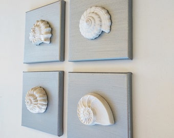 Small shell paintings on canvas, original plaster wall art, set of 4 modern relief paintings, silver color 3d wall art
