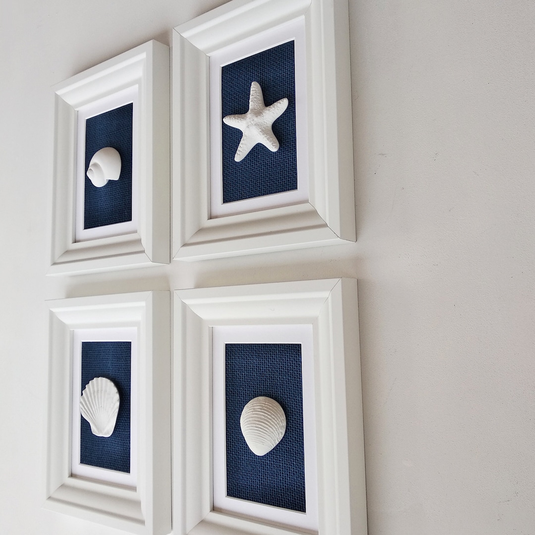 Navy Blue Beach Wall Art, Framed Original Seashell Paintings, Beach