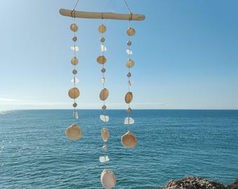 Natural seashell and sea glass wind chime, nautical patio decor wall hanging, coastal porch decorations, sea shell mobile
