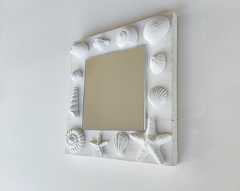 Nautical decorative mirror with sea shell sculptures, white wooden 3d wall decor, handmade coastal mirror wall art