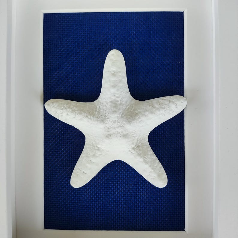 Estrella de mar de cerámica blanca montada sobre un fondo de tela azul en un marco blanco. Decoración con tema náutico.