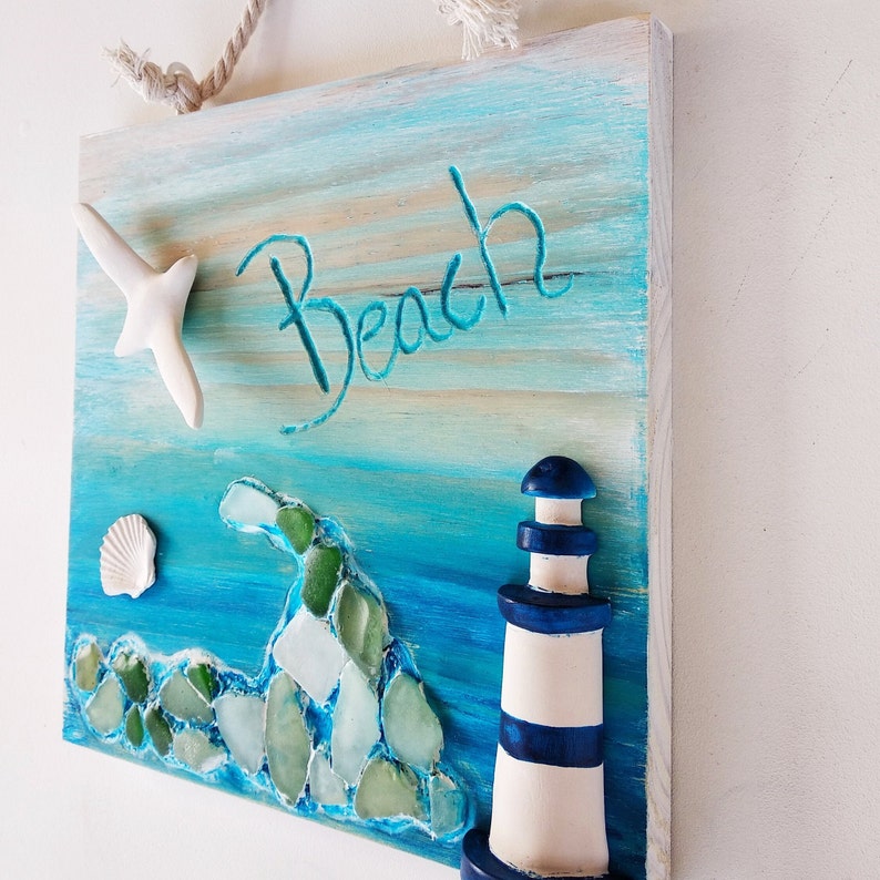 Nautical wooden picture with lighthouse and seagull, decorative beach sign, oceanic art with sea glass, coastal wall decor, gift for home image 1