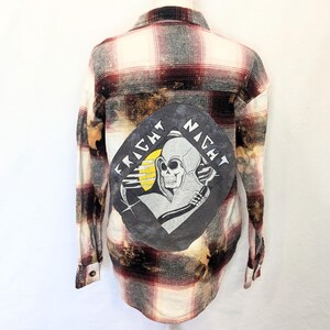 Upcycled Women&#39;s Hollister Small Flannel Button Front Boyfriend Fit Fright Night Skeleton Bleach Dyed Refashion Reworked Red Black Clothing