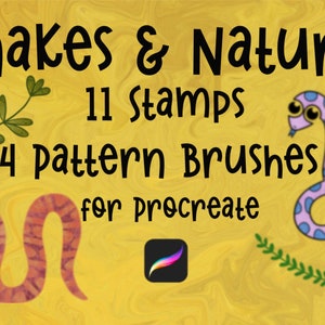 Op de afbeelding: Een digitale illustratie van stempels en kwasten met een slangen- en natuurthema voor Procreate. De afbeelding toont een paarse slang met blauwe stippen, een bruine slang met een patroon en groene bladeren. De tekst "Snakes & Nature 11 Stamps 4 Pattern Brushes for Procreate" wordt in zwart weergegeven.