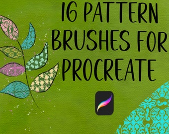 May include: A green background with the text "16 PATTERN BRUSHES FOR PROCREATE" in black. A branch with patterned leaves is on the left side of the image. The Procreate app icon is in the center of the image. A patterned design is on the right side of the image.