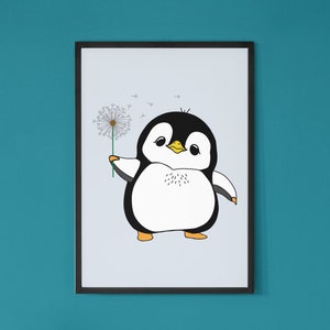 DIGITALE Kawaii niedlicher Pinguin hält Löwenzahn lächelnd und glücklich hell Spaß für Büro Schlafzimmer Kinderzimmer Baby Kinderzimmer Positive Herunterladbare
