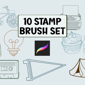 May include: A set of 10 digital stamp brushes for Procreate. The brushes feature various retro and vintage illustrations, including a bicycle, lightbulb, cell phone, cassette tape, typewriter, lantern, cupcake, roller skates, tent, and a triangle flag.