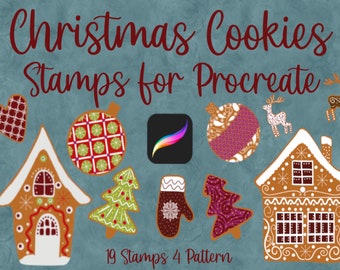 May include: 19 Christmas cookie stamps for Procreate, featuring gingerbread houses, ornaments, reindeer, mittens, and Christmas trees. The stamps are in various colors and patterns, including red, green, brown, and white.