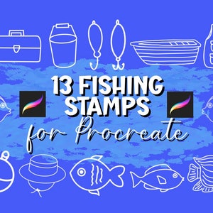 13 Fishing Procreate Stamp Set Graphic for IPad Brushes Brush Fish Boat Reel Water Illustration POD Drawing Draw