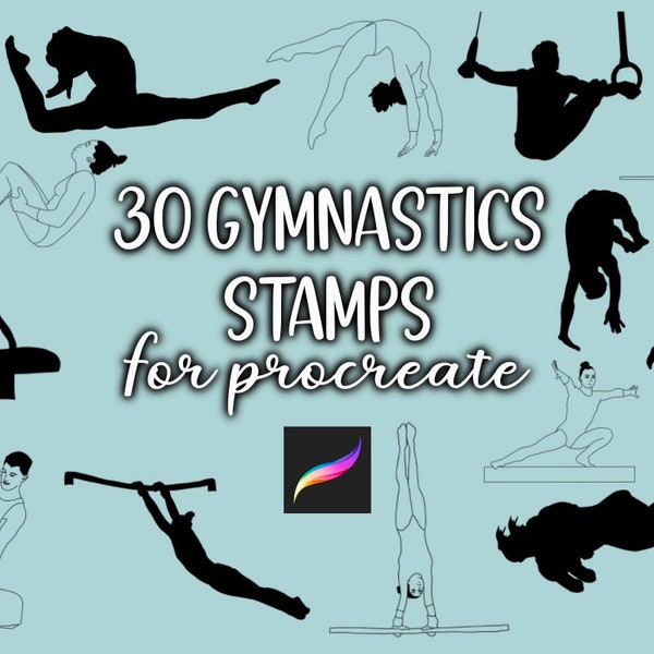 30 Artistic Gymnastics Procreate Stamps Brushes for iPad Illustration POD Male Female Gymnast Bars Beam Floor Vault Outline and Filled