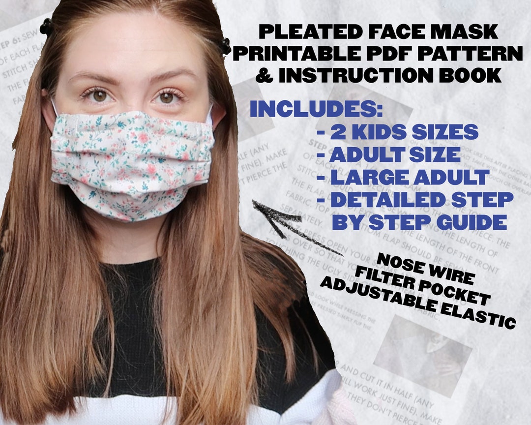 Pleated Face Mask PDF Pattern Digital Download 4 Sizes With Written ...