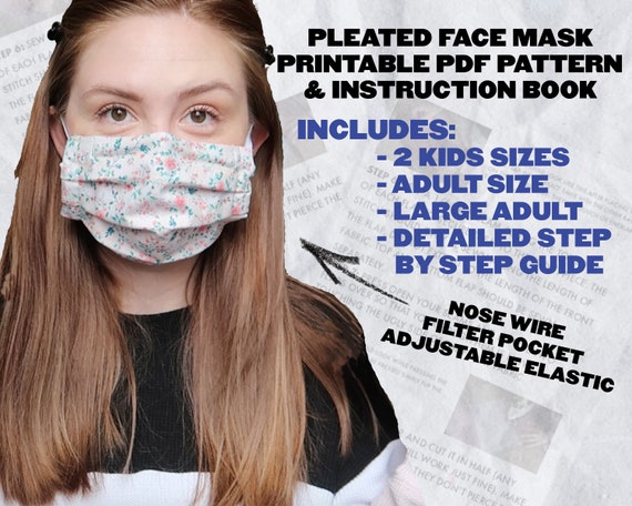 Pleated Face Mask PDF Pattern Digital Download 4 Sizes With | Etsy