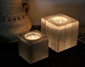 Set of 2 Selenite Square Tealight Holder 6 & 8 cm | Candle Holder | Raw Selenite | Made in Morocco | Home Gift | Crystals Lover Gift | Stone