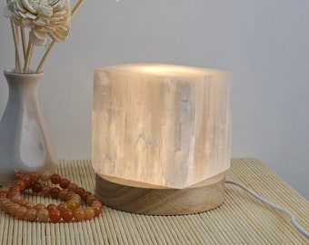 Selenite Crystal Cube Lamp - For Home Energy Clearing and Healing | Crystals Holder | Crystals Lover Gift | Meditation Gift | Stone Lamp