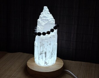 Mini Selenite Crystal Lamp 15 cm with LED Wooden Base | Selenite Raw Tower | Reiki | Chakras | Meditation | Home Gift Idea | Bracelet Holder