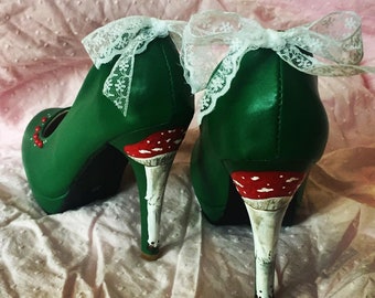 Customised & Hand Painted Emerald Green Toadstool Heel Shoes