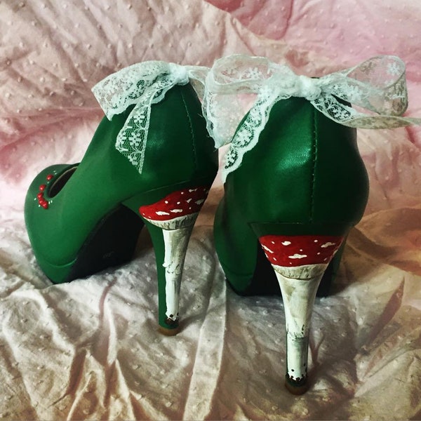 Customised & Hand Painted Emerald Green Toadstool Heel Shoes