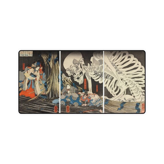 The Witch And The Skeleton Spectre Large (31.5" × 15.5") Desk Mat. Vintage Japanese Woodcut