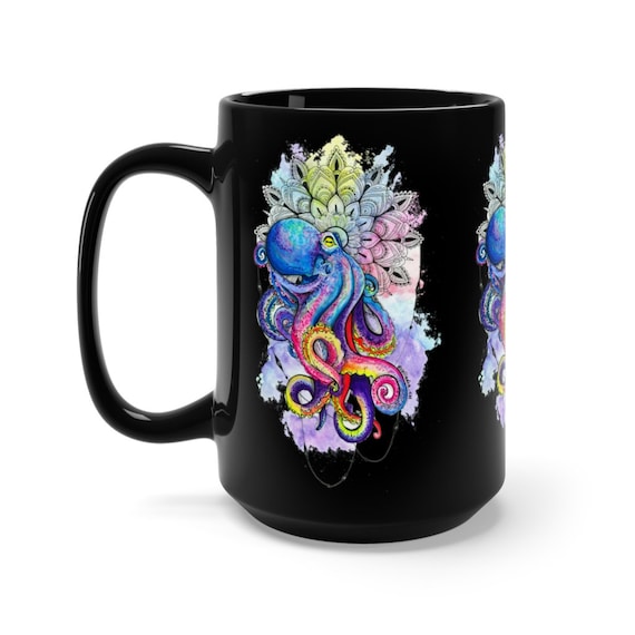 Colorful Octopus Black 15oz Ceramic Mug, Watercolor, Flower Mandala, Coffee, Tea