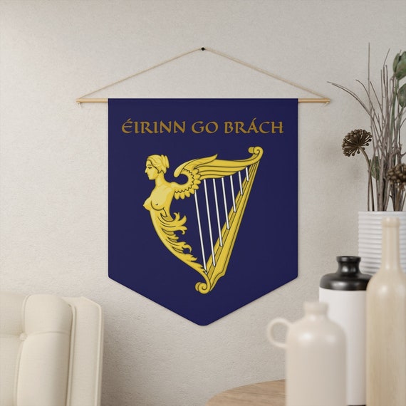 Eirinn Go Brach, 18"x21" Indoor Wall Pennant. Ireland, Blue Harp Flag, Coat Of Arms, Irish Pride