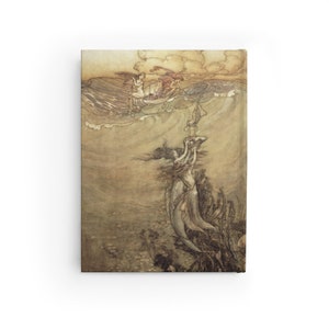 May include: A vintage illustration of mermaids swimming in the ocean. The mermaids have long flowing hair and tails. The ocean is a light brown color with a boat in the distance.