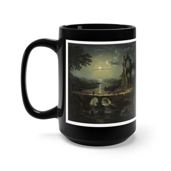 Moonlit River Scenes, Black 15oz Ceramic Mug, Ruined Gothic Church, Castle, Landscape, Moody,