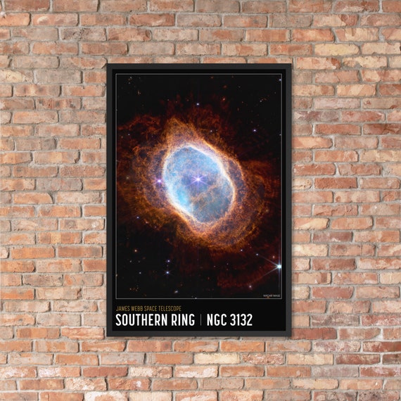 Southern Ring Nebula. 24" x36" Framed Giclée Poster, Black Wood Frame, Acrylic Covering. Image From NASA James Webb Telescope