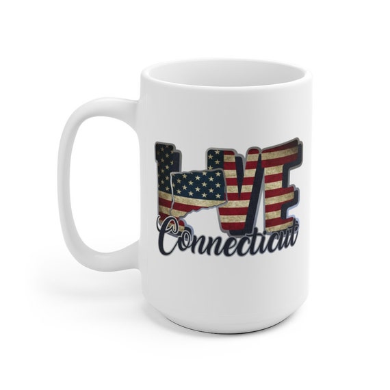 Love Connecticut, Large White Ceramic Mug, Vintage Retro Flag, Patriotic, Patriotism, United States, Coffee, Tea