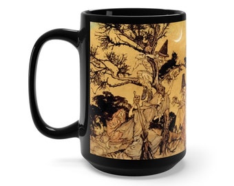 Black Cats & Witches, Large Black Ceramic Mug, Halloween, Vintage Illustration, Arthur Rackham, 1920, Witchcraft, Coffee, Tea