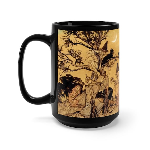 Black Cats & Witches, Large Black Ceramic Mug, Halloween, Vintage Illustration, Arthur Rackham, 1920, Witchcraft, Coffee, Tea