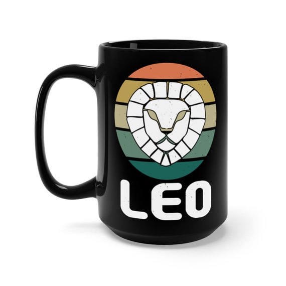 Leo, Black 15oz Ceramic Mug, Lion's Head, Retro Vintage Style, Zodiac Sign, Astrology Gift, Coffee, Tea