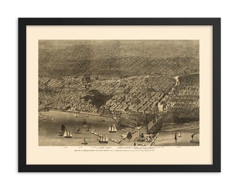 Mapa aéreo de Chicago de 1874 enmarcado, impresión giclée de la historia de los incendios (61 x 45 cm)