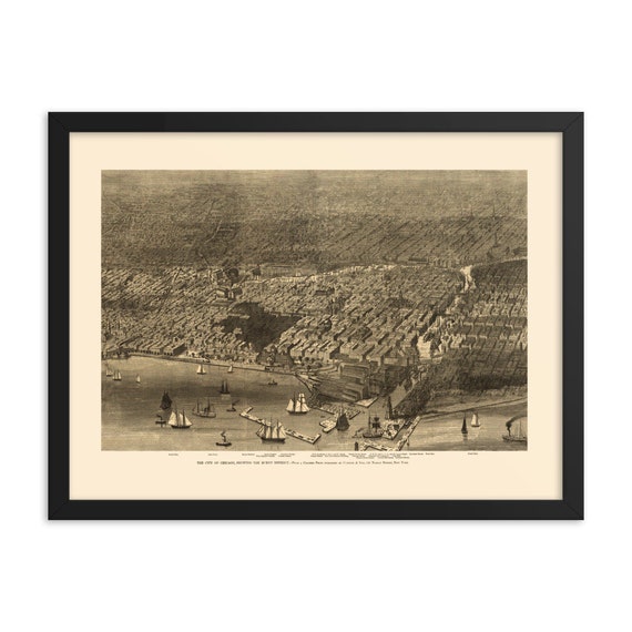 Aerial Chicago 1874 Map, 24" x 18" Framed Giclée Poster, Black Wood Frame, Acrylic Covering, Great Chicago Fire Of 1871, Room Decor