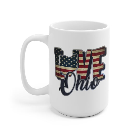I Love Ohio, Large White Ceramic Mug, Vintage Retro Flag, Patriotic, Patriotism, United States, Coffee, Tea