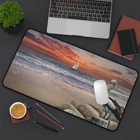 Pelican Sunset Desk Mat, Sailboat, Beach, Ocean