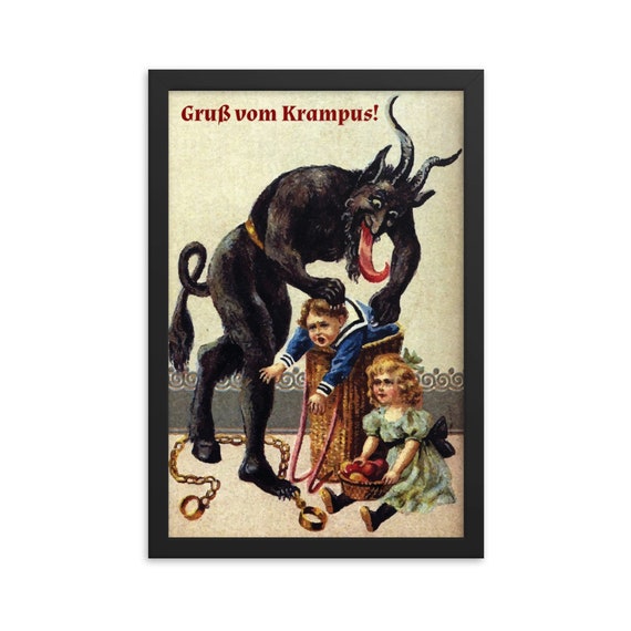 Gruß vom Krampus, 12"x18" Framed Giclée Poster, Black Wood Frame, Acrylic Covering, Christmas, Vintage German Postcard, XMAS Gift