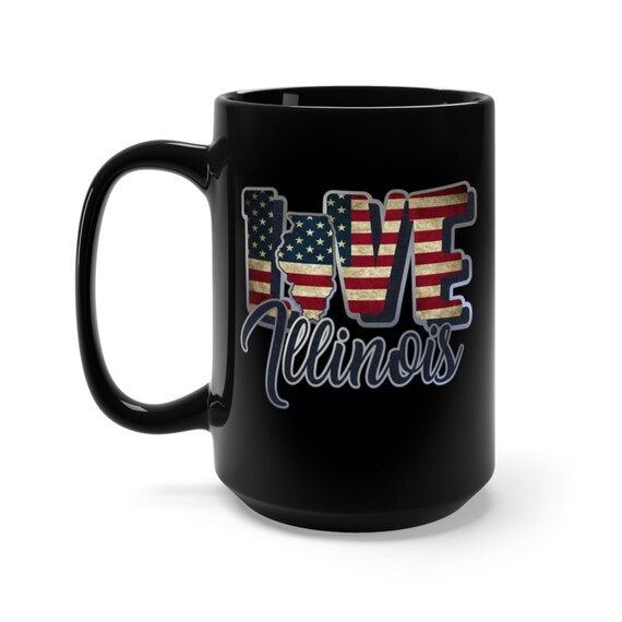 I Love Illinois, Large Black Ceramic Mug, Vintage Retro Flag, Patriotic, Patriotism, United States, Coffee, Tea