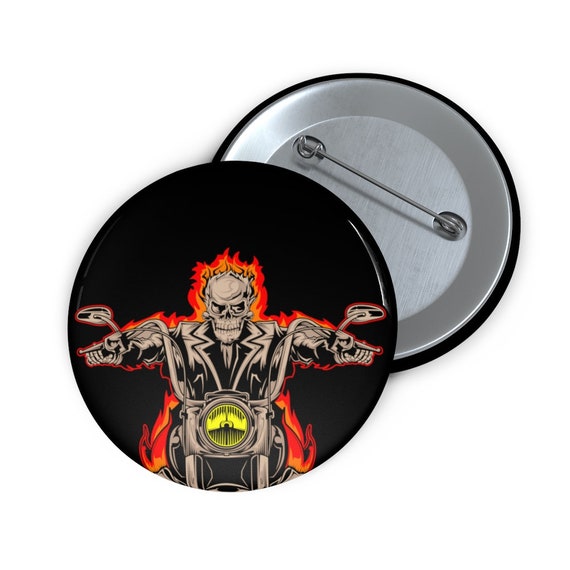 Hellrider 2" Pin Button, Flaming Skeleton On Motorcycle